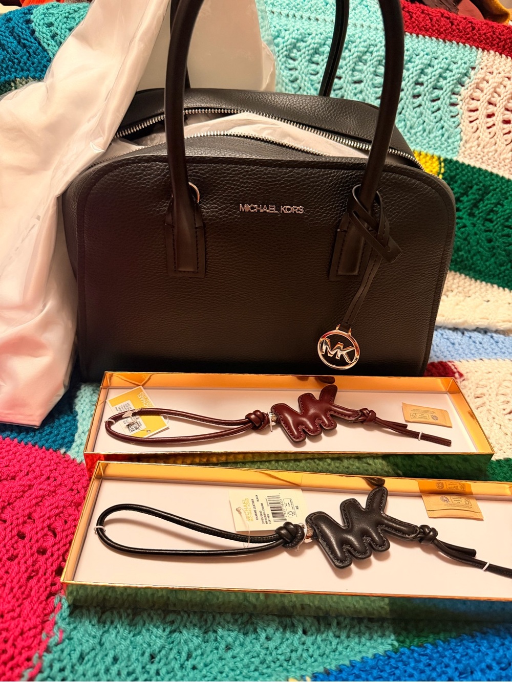 MICHAEL KORS Black Pebbled Leather Dome Satchel with MK Charms & dust bag